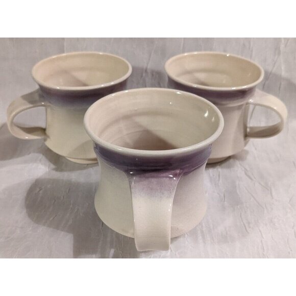 3 Art Pottery Mugs Signed Coffee Cup Handmade Studio Tea Purple White Stripe Set - Picture 8 of 16